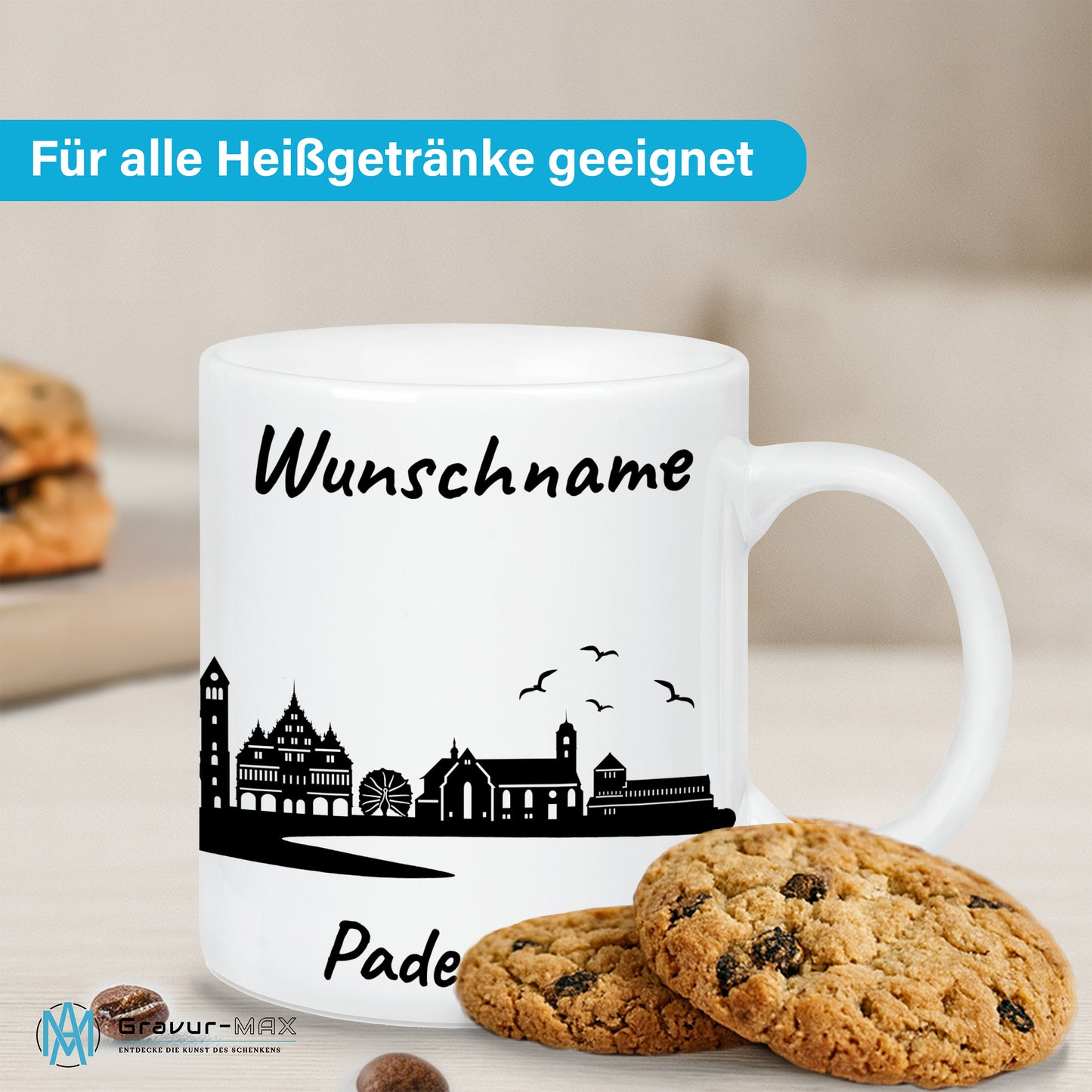 Tasse in Weiß 330ml bedruckt mit der Skyline von Paderborn personalisierbar mit Wunschname