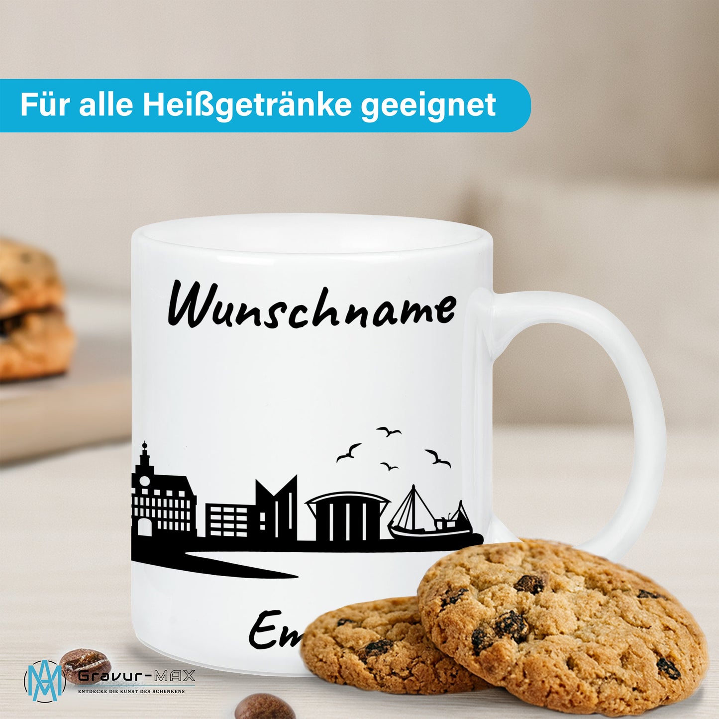 Tasse in Weiß 330ml bedruckt mit der Skyline von Emden personalisierbar mit Wunschname