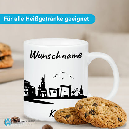Tasse in Weiß 330ml bedruckt mit der Skyline von Kiel personalisierbar mit Wunschname