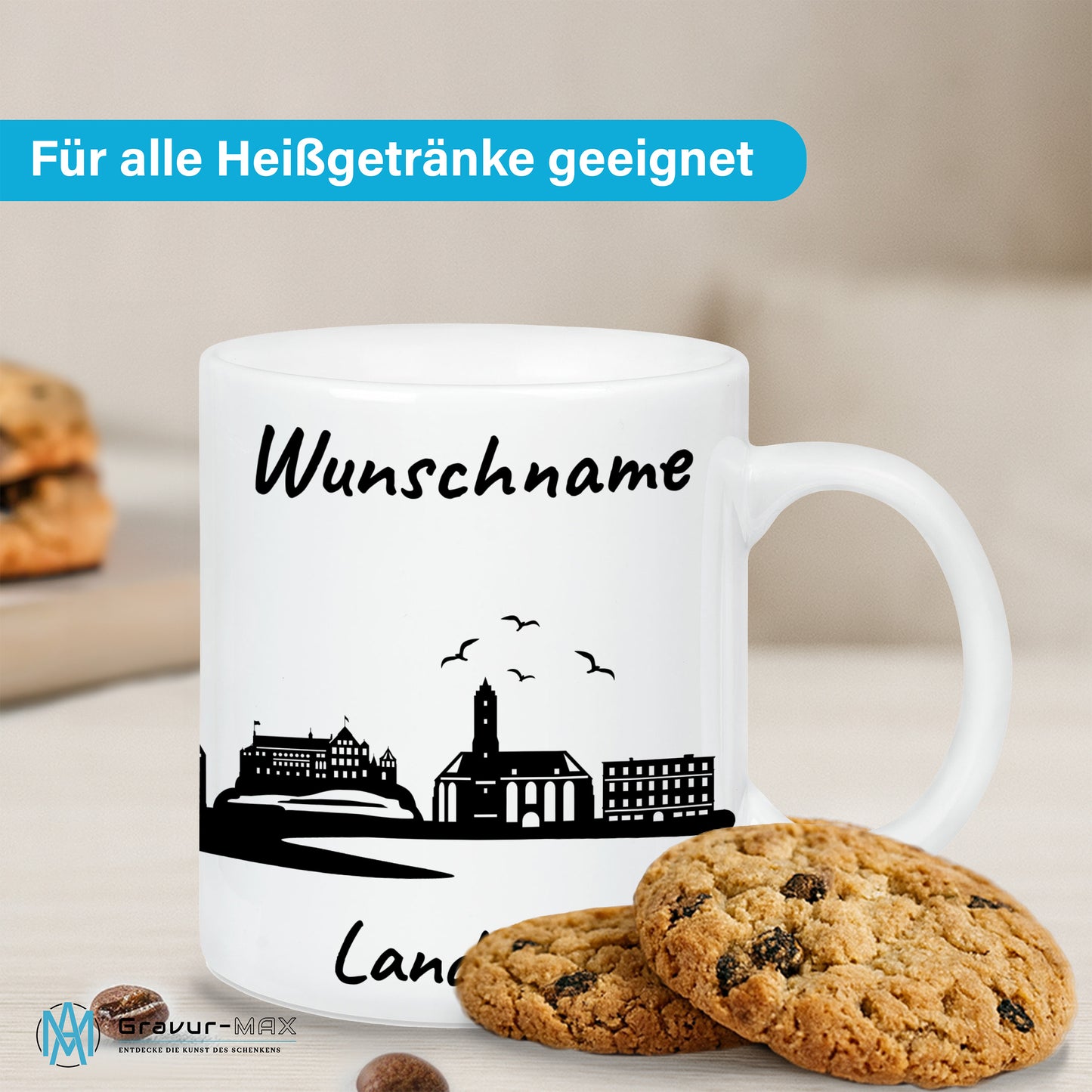 Tasse in Weiß 330ml bedruckt mit der Skyline von Landshut personalisierbar mit Wunschname
