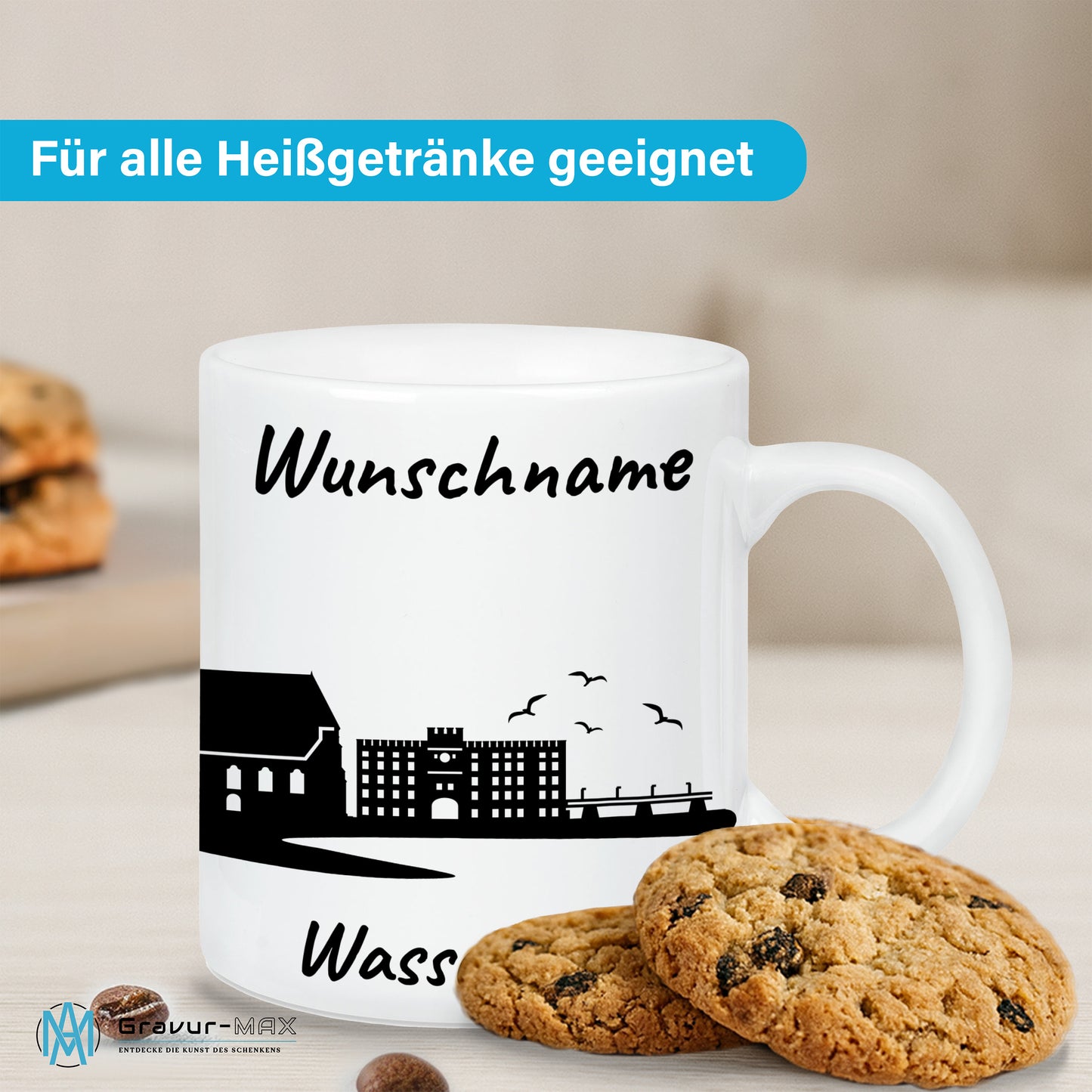 Tasse in Weiß 330ml bedruckt mit der Skyline von Wasserburg personalisierbar mit Wunschname