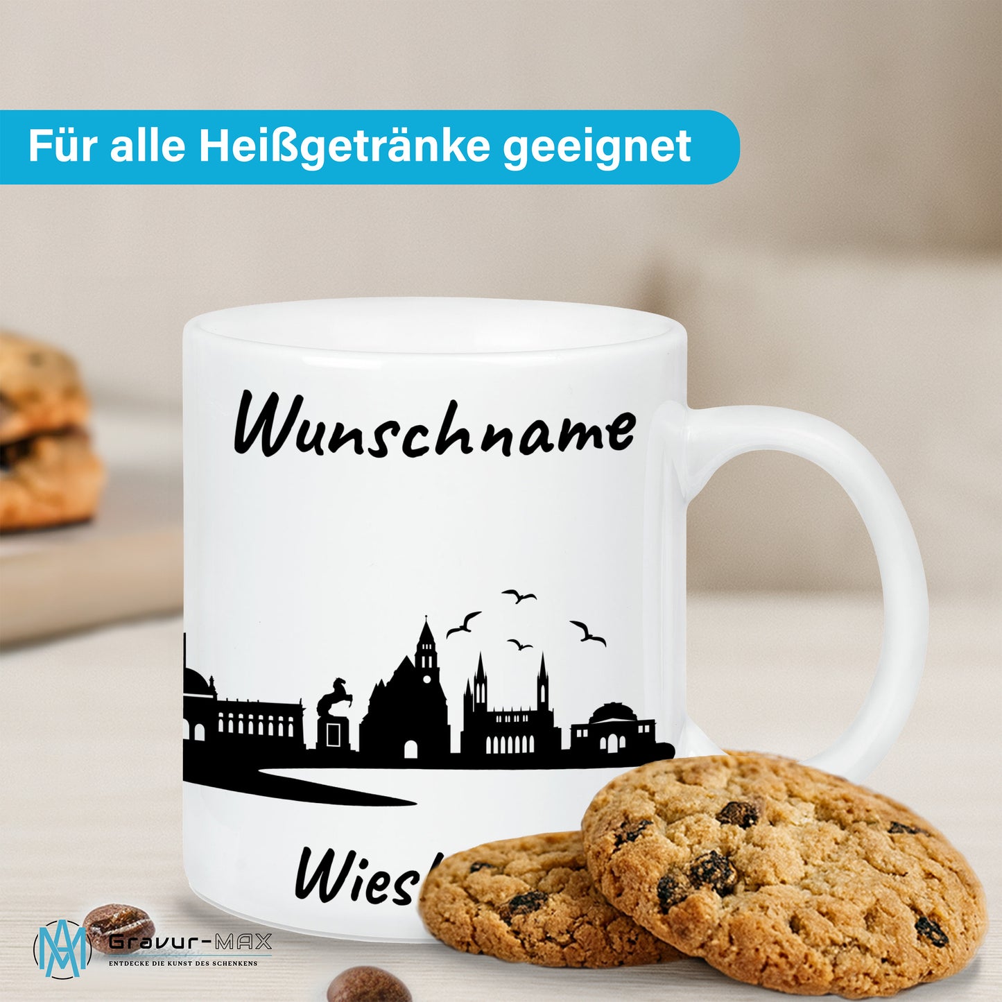 Tasse in Weiß 330ml bedruckt mit der Skyline von Wiesbaden personalisierbar mit Wunschname