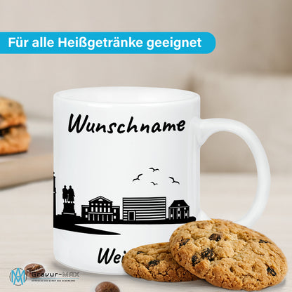Tasse in Weiß 330ml bedruckt mit der Skyline von Weimar personalisierbar mit Wunschname