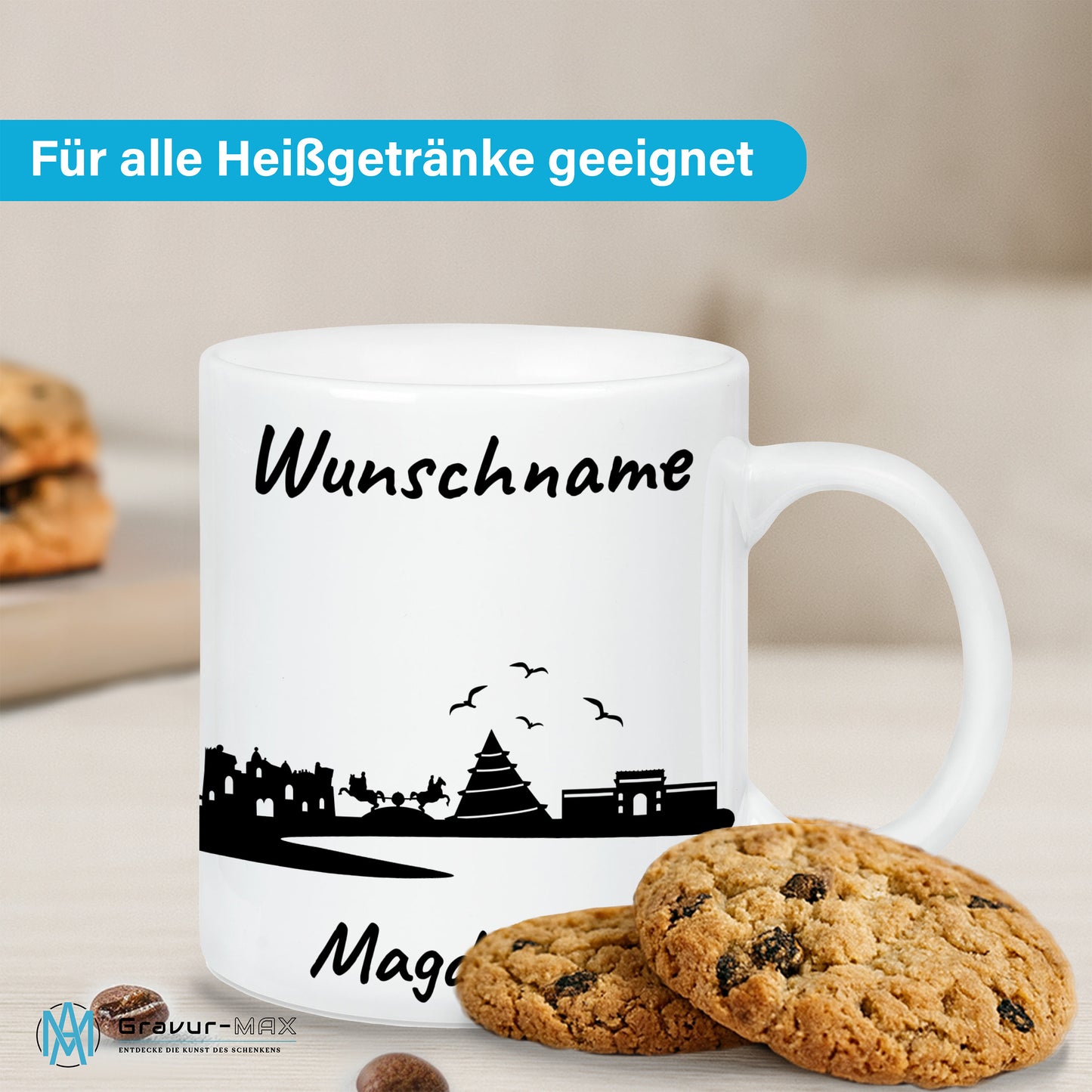 Tasse in Weiß 330ml bedruckt mit der Skyline von Magdeburg personalisierbar mit Wunschname