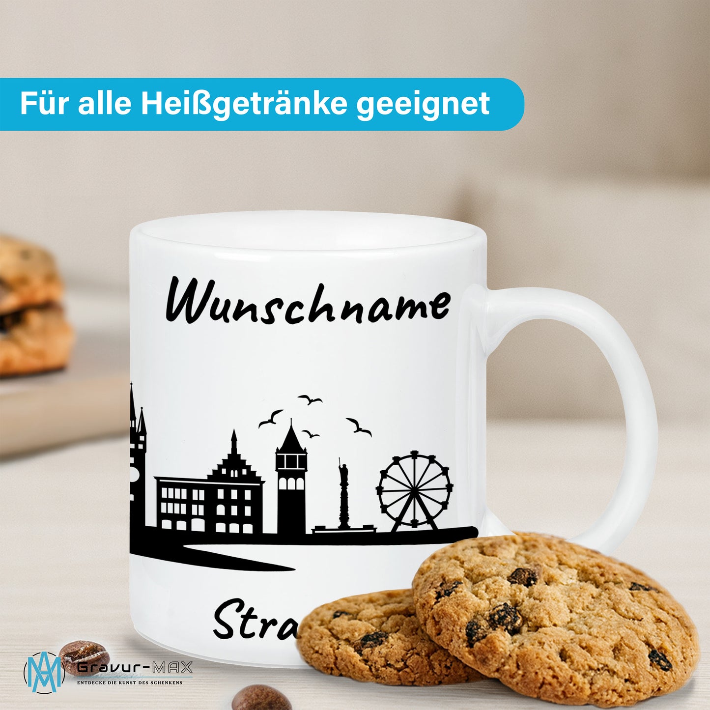 Tasse in Weiß 330ml bedruckt mit der Skyline von Straubing personalisierbar mit Wunschname