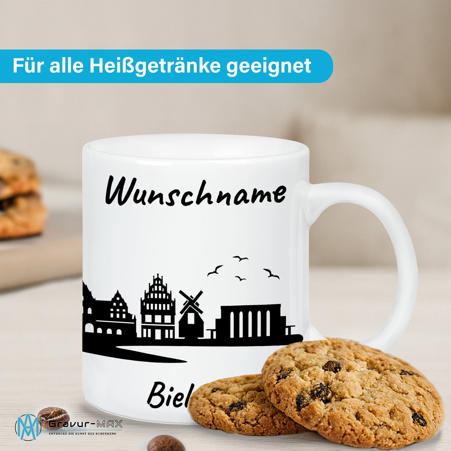 Tasse in Weiß 330ml bedruckt mit der Skyline von Bielefeld personalisierbar mit Wunschname