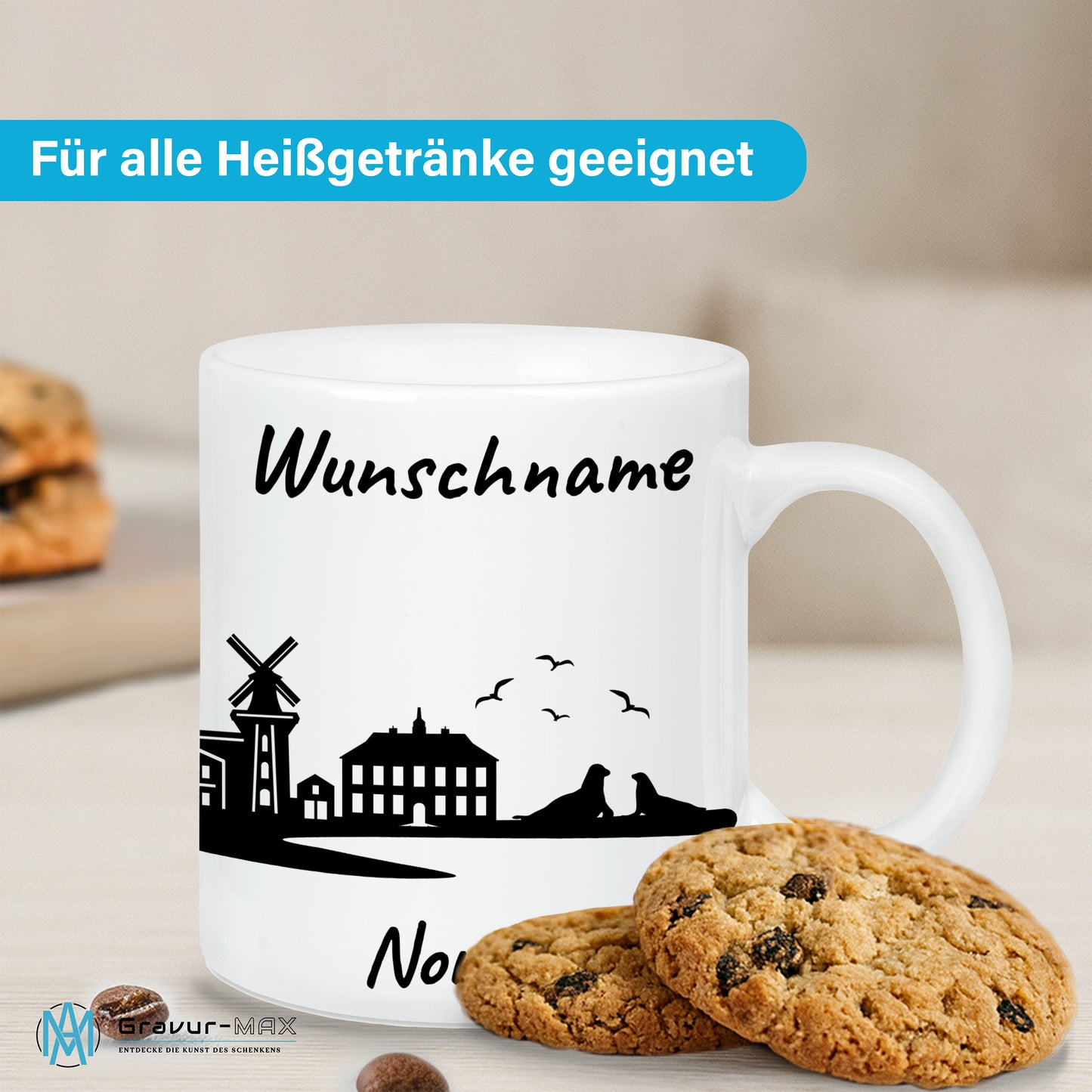 Tasse in Weiß 330ml bedruckt mit der Skyline von Norden personalisierbar mit Wunschname