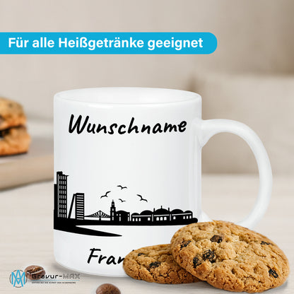 Tasse in Weiß 330ml bedruckt mit der Skyline von Frankfurt personalisierbar mit Wunschname
