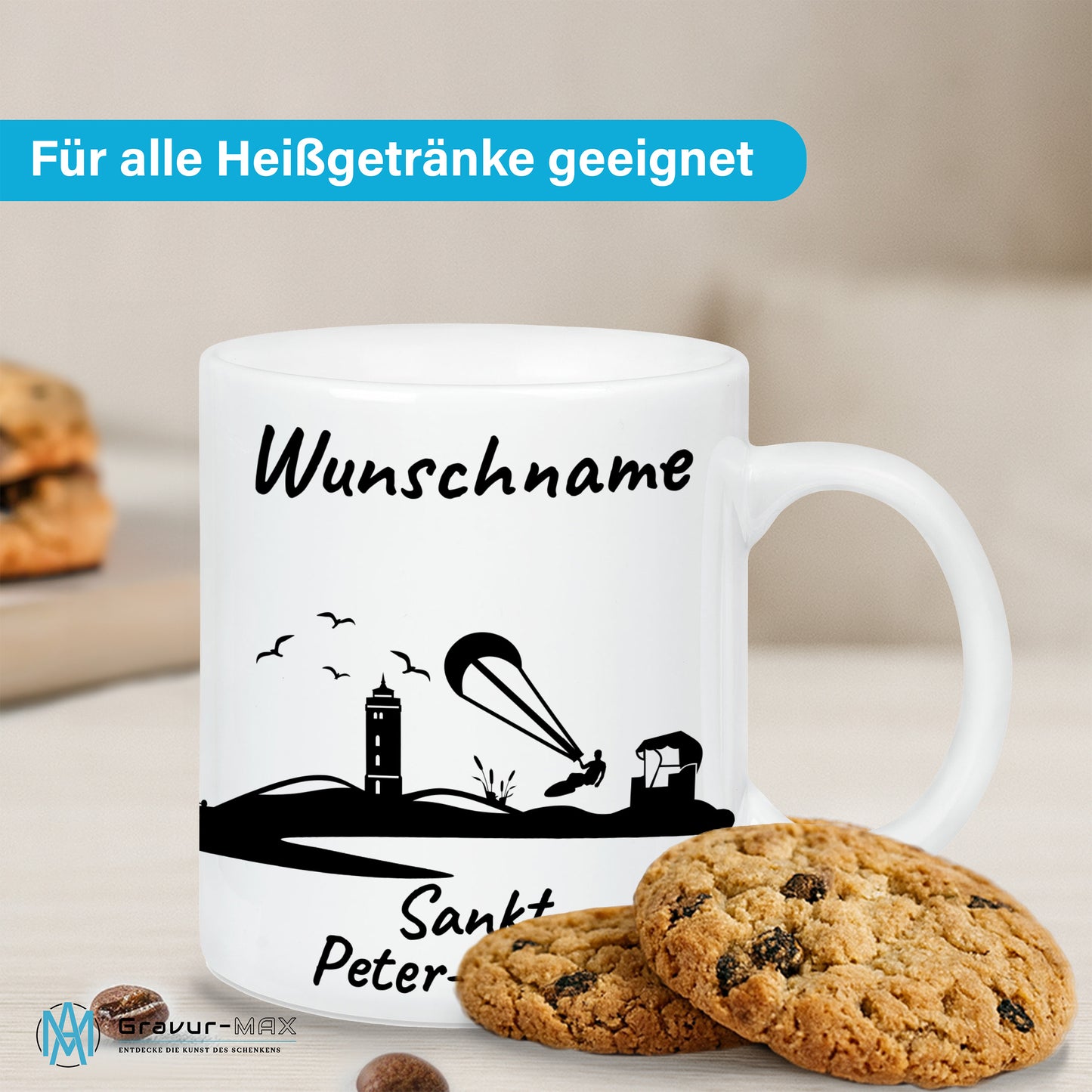 Tasse in Weiß 330ml bedruckt mit der Skyline von Sankt Peter-Ording personalisierbar mit Wunschname