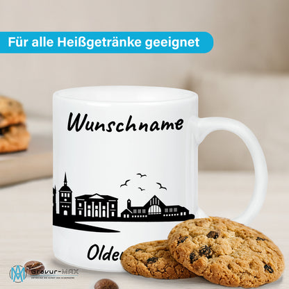Tasse in Weiß 330ml bedruckt mit der Skyline von Oldenburg personalisierbar mit Wunschname