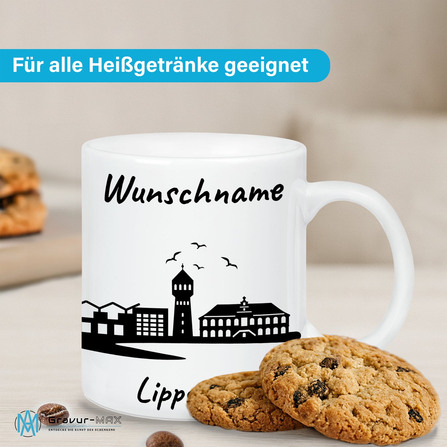 Tasse in Weiß 330ml bedruckt mit der Skyline von Lippstadt personalisierbar mit Wunschname