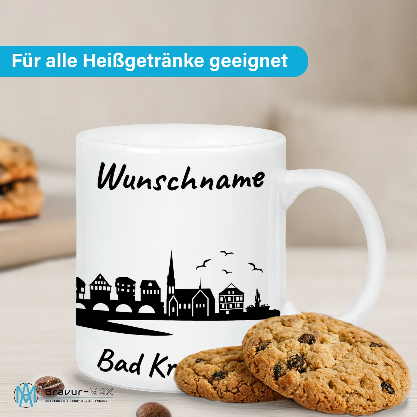 Tasse in Weiß 330ml bedruckt mit der Skyline von Bad Kreuznach personalisierbar mit Wunschname