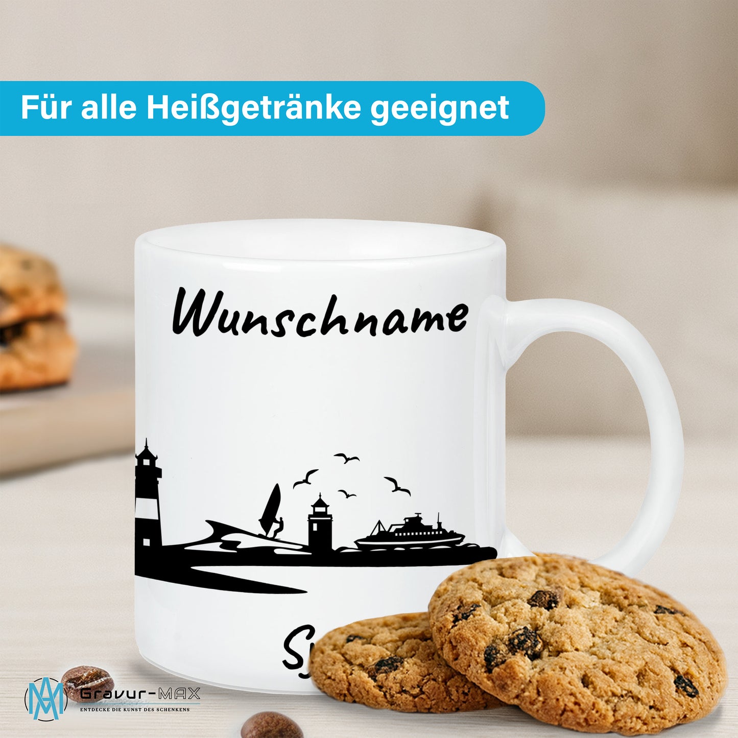 Tasse in Weiß 330ml bedruckt mit der Skyline von Sylt personalisierbar mit Wunschname