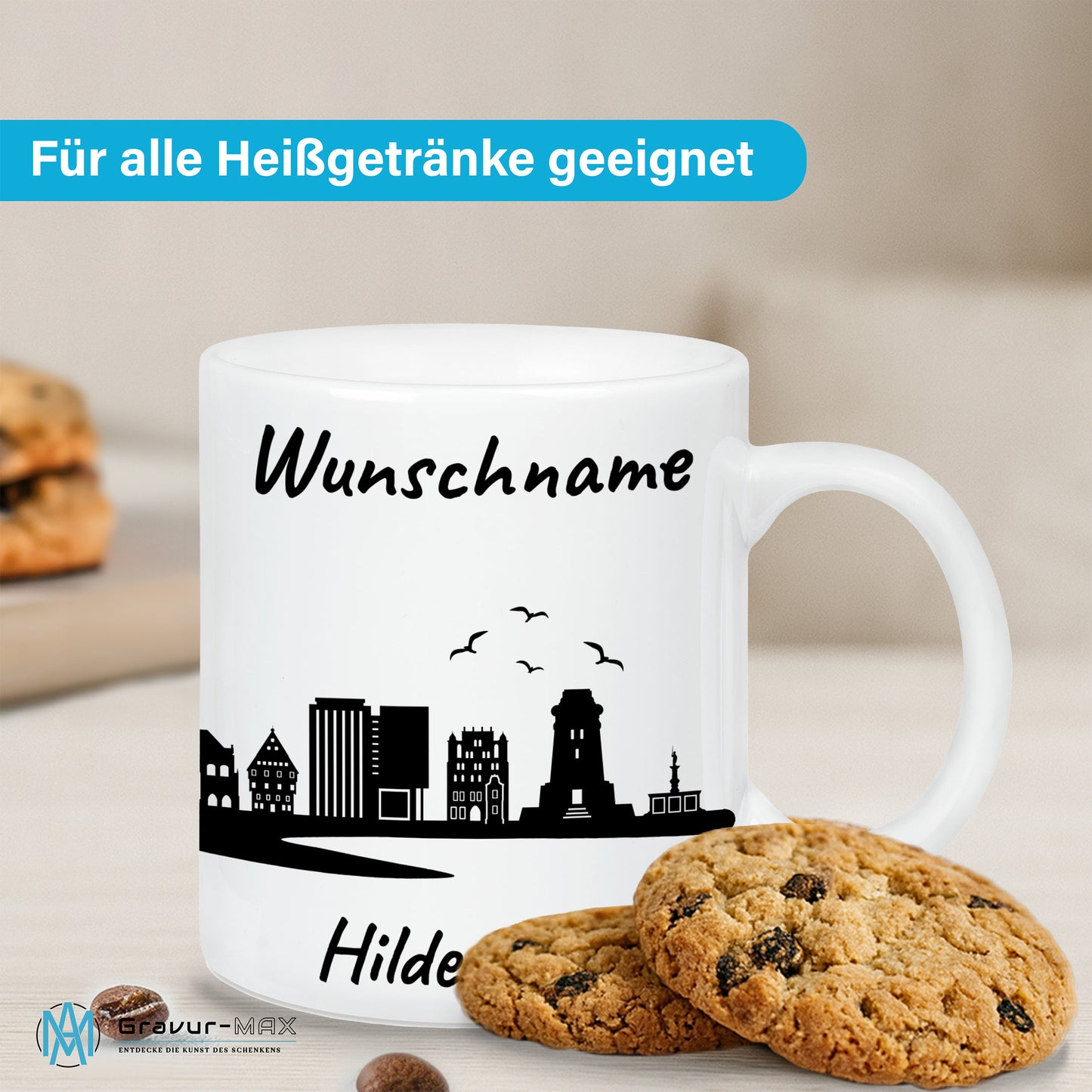 Tasse in Weiß 330ml bedruckt mit der Skyline von Hildesheim personalisierbar mit Wunschname