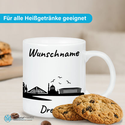Tasse in Weiß 330ml bedruckt mit der Skyline von Dresden personalisierbar mit Wunschname