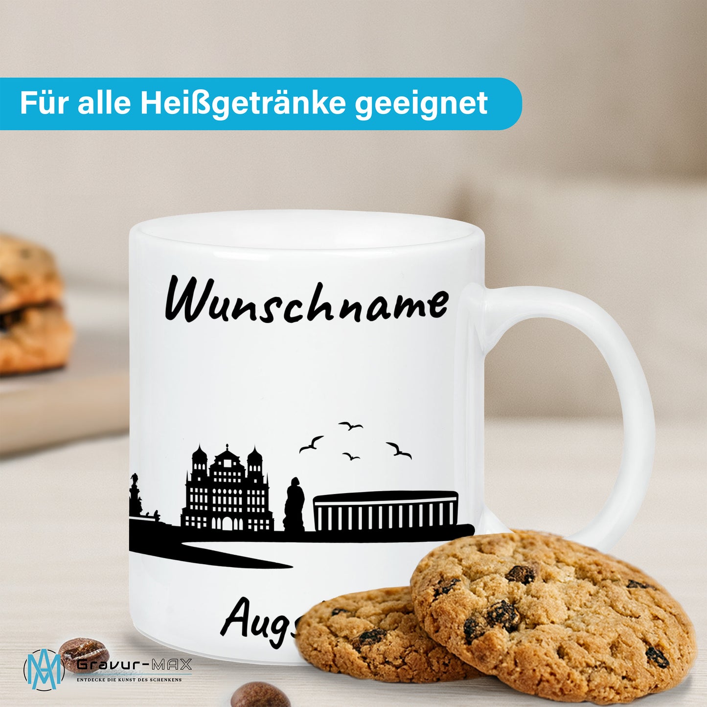Tasse in Weiß 330ml bedruckt mit der Skyline von Augsburg personalisierbar mit Wunschname