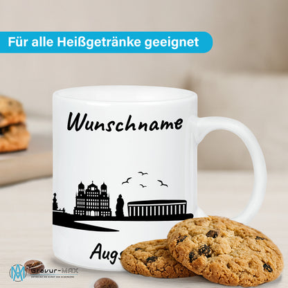 Tasse in Weiß 330ml bedruckt mit der Skyline von Augsburg personalisierbar mit Wunschname
