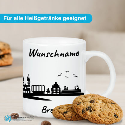Tasse in Weiß 330ml bedruckt mit der Skyline von Bremen personalisierbar mit Wunschname