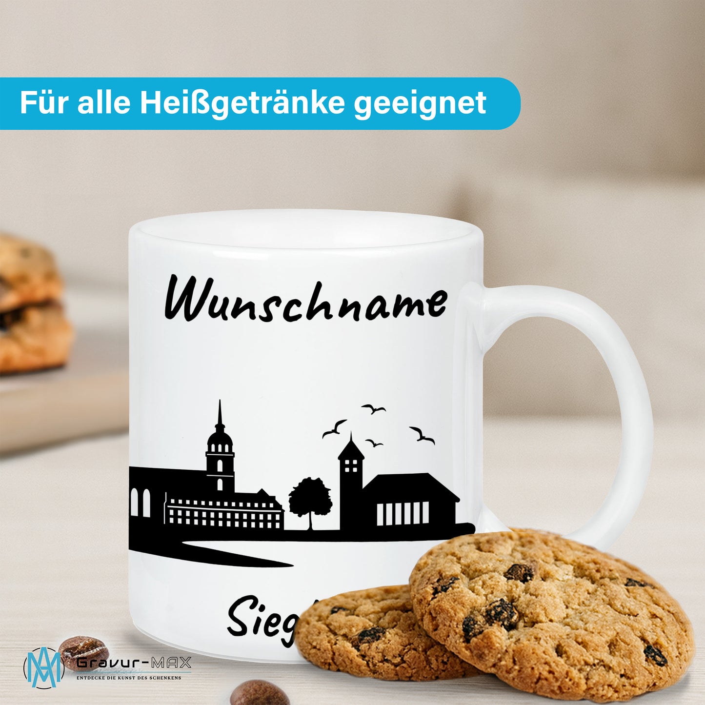 Tasse in Weiß 330ml bedruckt mit der Skyline von Siegburg personalisierbar mit Wunschname