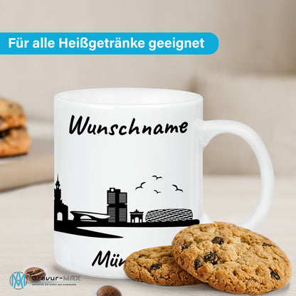 Tasse in Weiß 330ml bedruckt mit der Skyline von München personalisierbar mit Wunschname