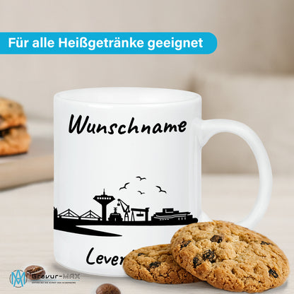 Tasse in Weiß 330ml bedruckt mit der Skyline von Leverkusen personalisierbar mit Wunschname