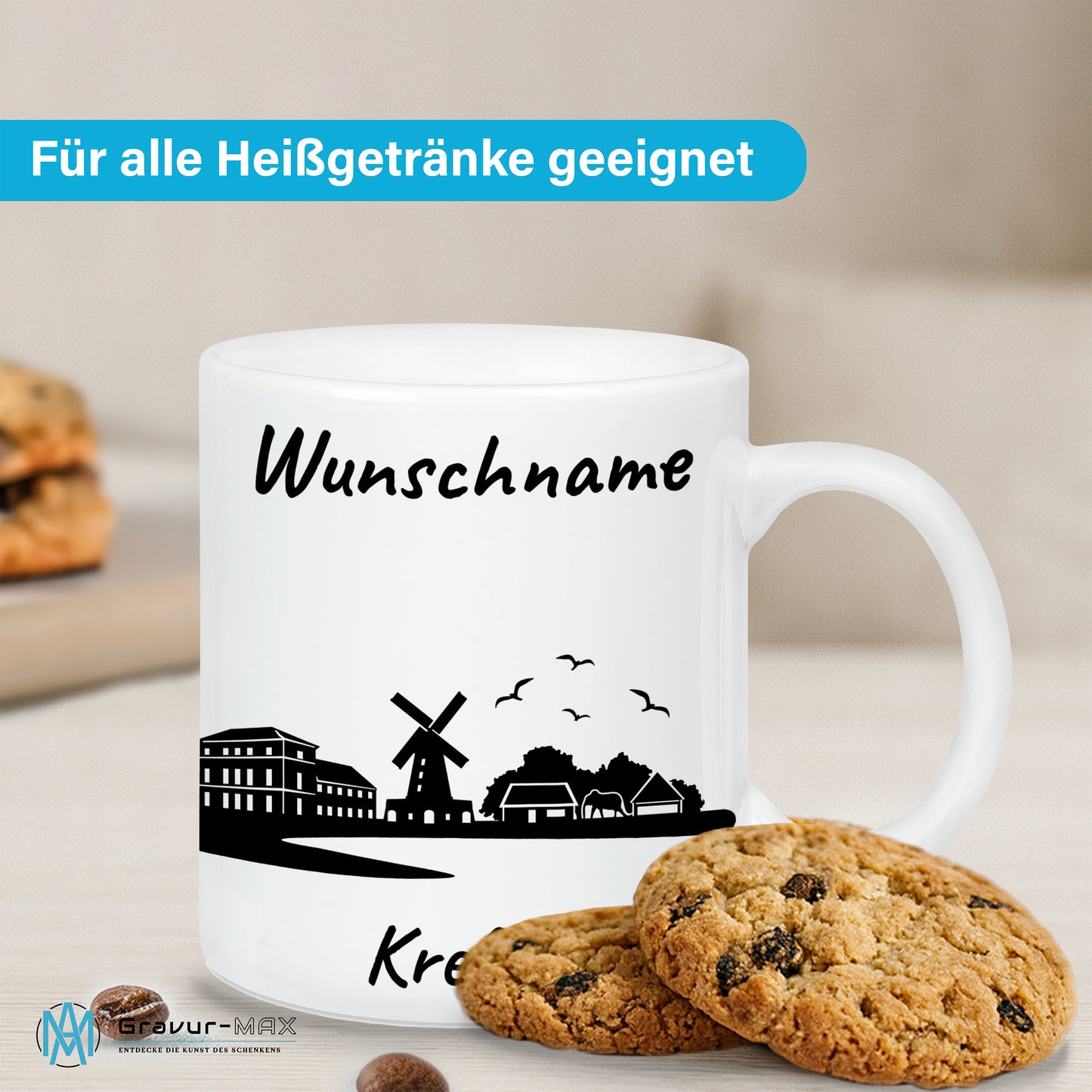 Tasse in Weiß 330ml bedruckt mit der Skyline von Krefeld personalisierbar mit Wunschname