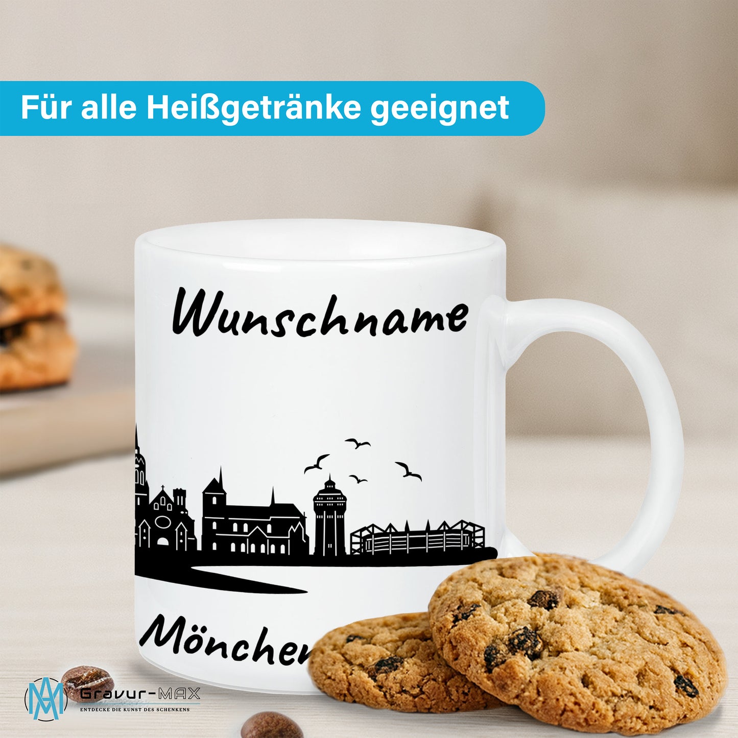 Tasse in Weiß 330ml bedruckt mit der Skyline von Mönchengladbach personalisierbar mit Wunschname