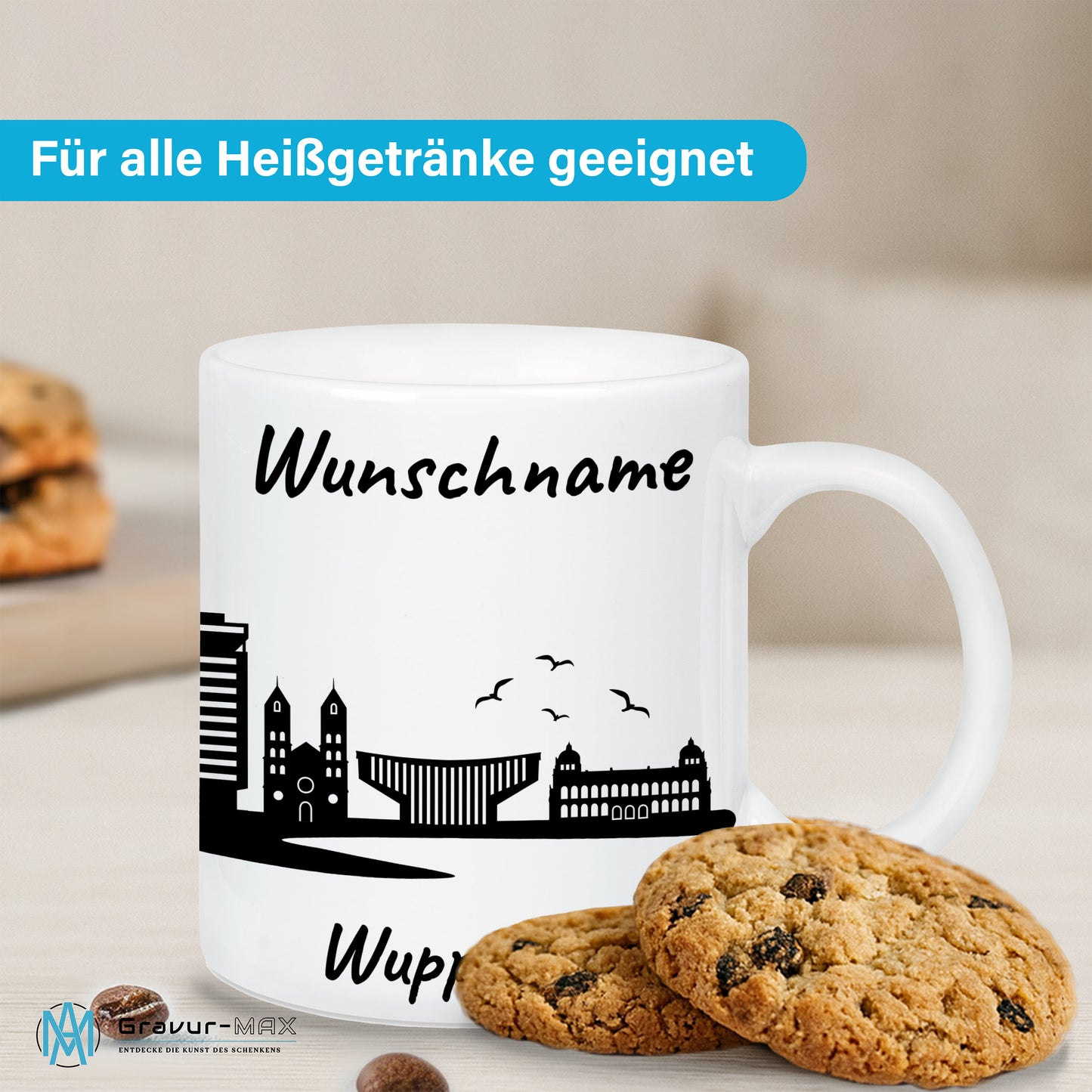 Tasse in Weiß 330ml bedruckt mit der Skyline von Wuppertal personalisierbar mit Wunschname