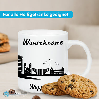 Tasse in Weiß 330ml bedruckt mit der Skyline von Wuppertal personalisierbar mit Wunschname
