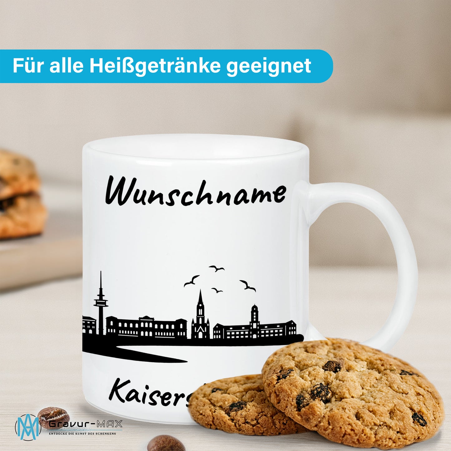 Tasse in Weiß 330ml bedruckt mit der Skyline von Kaiserslautern personalisierbar mit Wunschname