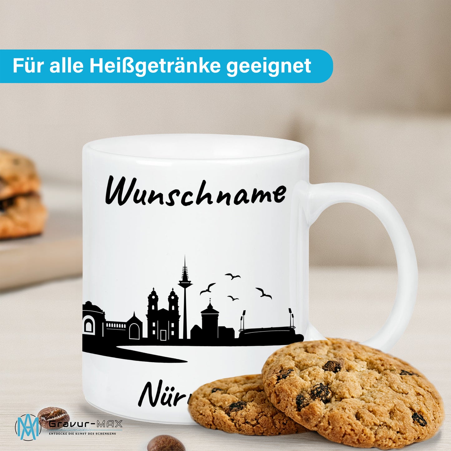 Tasse in Weiß 330ml bedruckt mit der Skyline von Nürnberg personalisierbar mit Wunschname