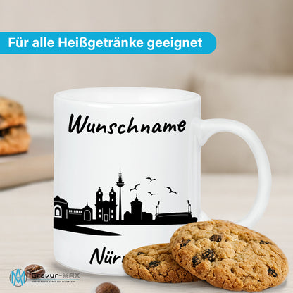 Tasse in Weiß 330ml bedruckt mit der Skyline von Nürnberg personalisierbar mit Wunschname