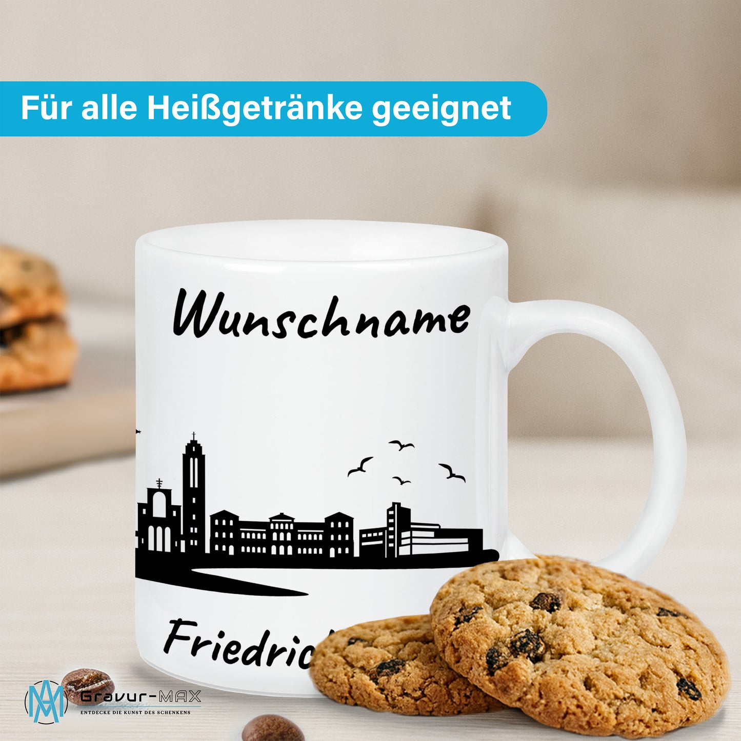 Tasse in Weiß 330ml bedruckt mit der Skyline von Friedrichshafen personalisierbar mit Wunschname