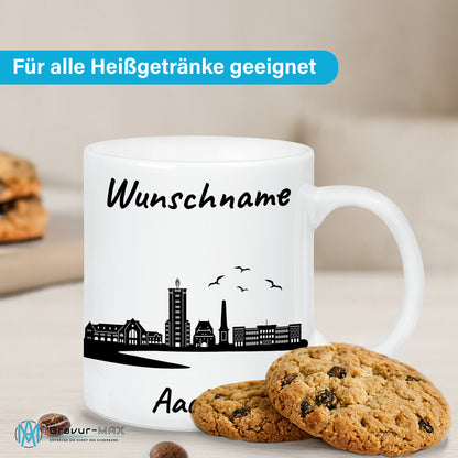 Tasse in Weiß 330ml bedruckt mit der Skyline von Aachen personalisierbar mit Wunschname
