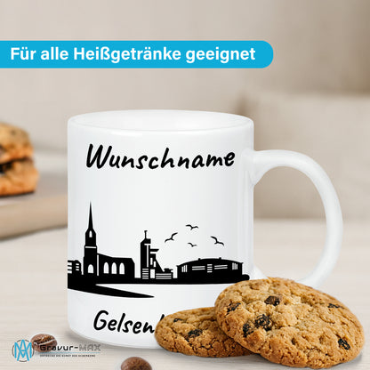 Tasse in Weiß 330ml bedruckt mit der Skyline von Gelsenkirchen personalisierbar mit Wunschname