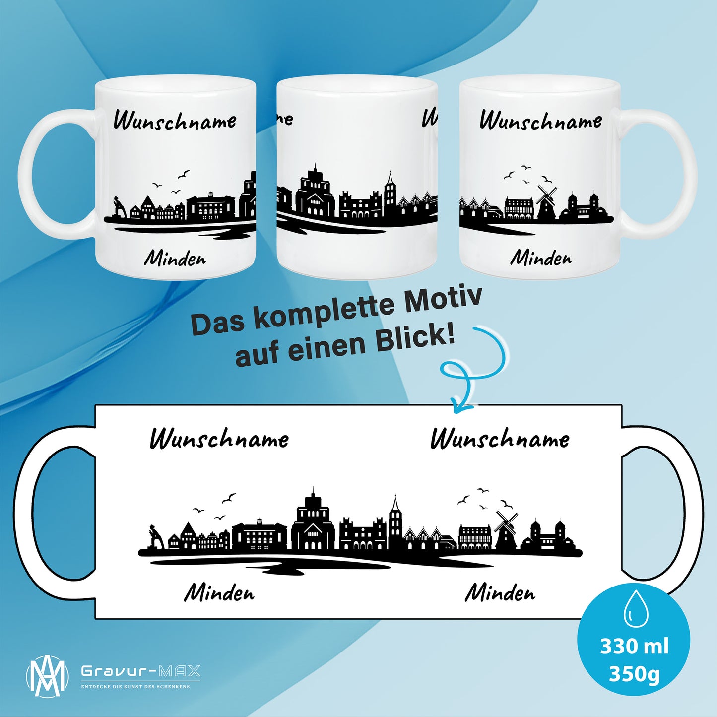 Tasse in Weiß 330ml bedruckt mit der Skyline von Minden personalisierbar mit Wunschname