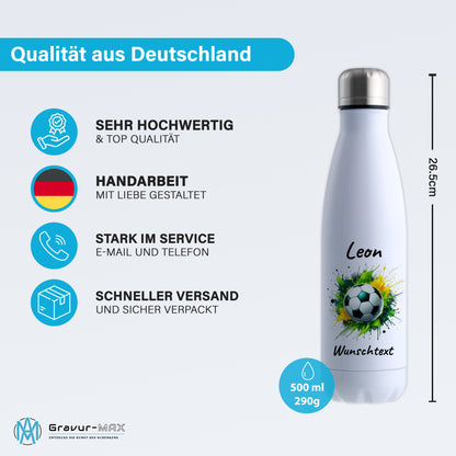 Thermoflasche 500ml in Weiß aus Edelstahl bedruckt "Fußball" Motiv11 personalisierbar mit Wunschname & Text