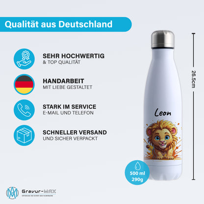 Trinkflasche in Weiß 500ml aus Edelstahl bedruckt mit niedlichen Tieren "Löwe" personalisierbar für Kinder mit Wunschname