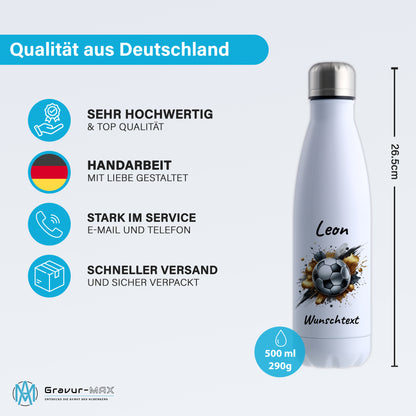 Thermoflasche 500ml in Weiß aus Edelstahl bedruckt "Fußball" Motiv13 personalisierbar mit Wunschname & Text