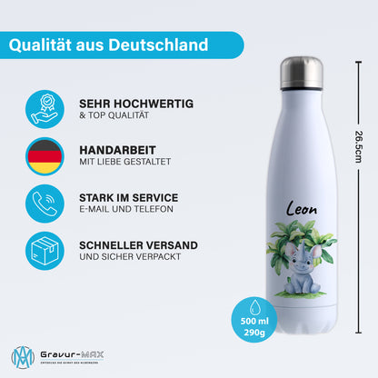 Trinkflasche in Weiß 500ml aus Edelstahl bedruckt mit Dschungel Tieren"Nashorn" personalisierbar für Kinder mit Wunschname