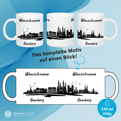 Tasse in Weiß 330ml bedruckt mit der Skyline von Bamberg personalisierbar mit Wunschname
