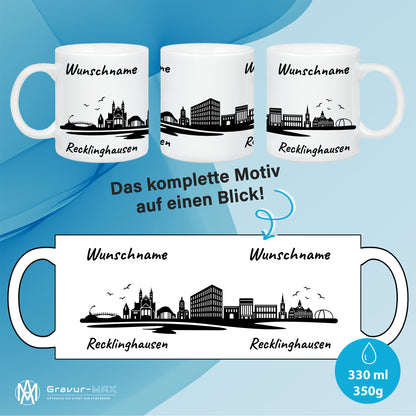 Tasse in Weiß 330ml bedruckt mit der Skyline von Recklinghausen personalisierbar mit Wunschname