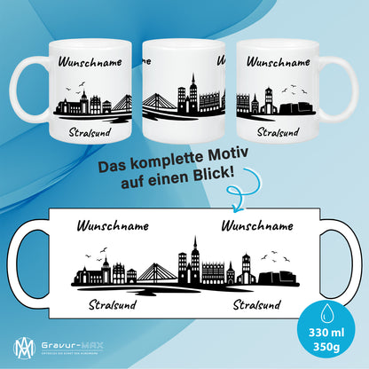 Tasse in Weiß 330ml bedruckt mit der Skyline von Stralsund personalisierbar mit Wunschname