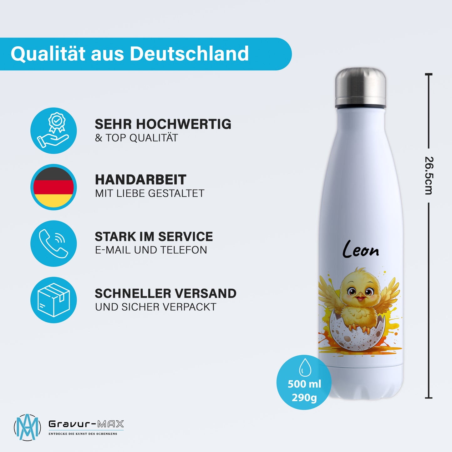 Trinkflasche in Weiß 500ml aus Edelstahl bedruckt mit niedlichen Tieren "Küken" personalisierbar für Kinder mit Wunschname