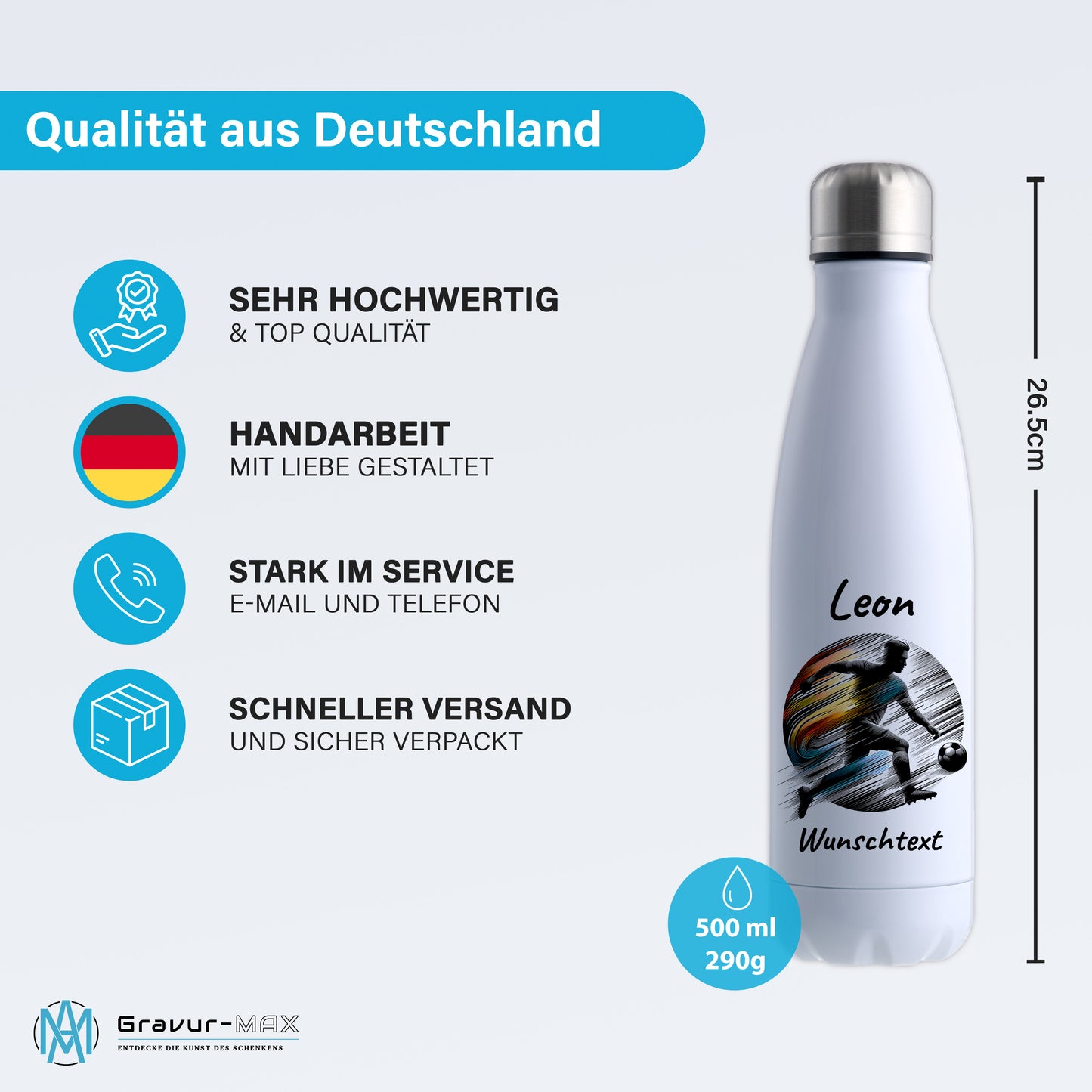 Thermoflasche 500ml in Weiß aus Edelstahl bedruckt "Fußball" Motiv2 personalisierbar mit Wunschname & Text