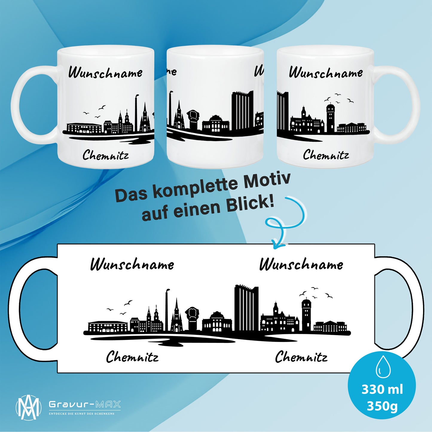 Tasse in Weiß 330ml bedruckt mit der Skyline von Chemnitz personalisierbar mit Wunschname