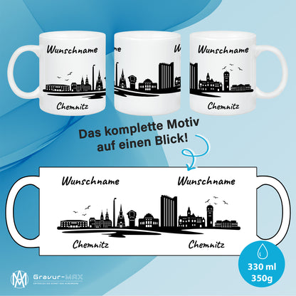 Tasse in Weiß 330ml bedruckt mit der Skyline von Chemnitz personalisierbar mit Wunschname