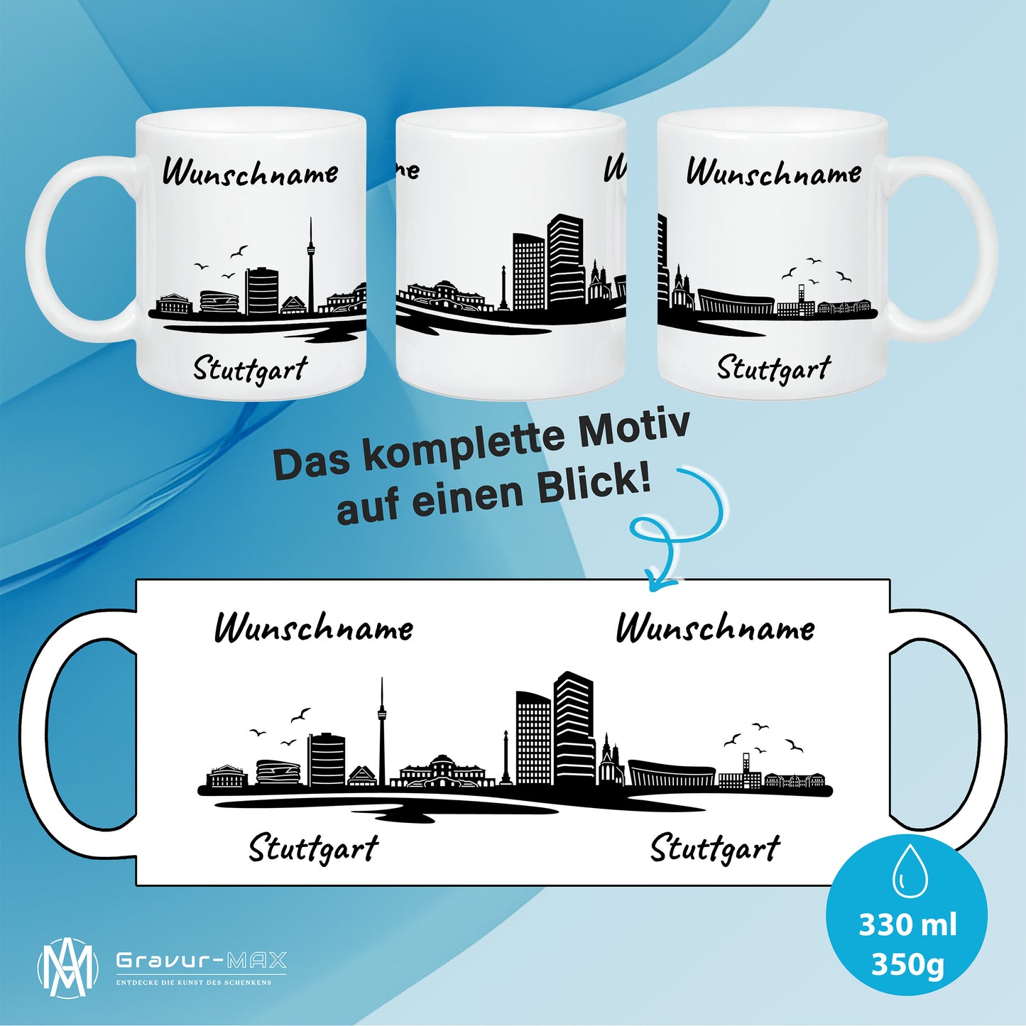 Tasse in Weiß 330ml bedruckt mit der Skyline von Stuttgart personalisierbar mit Wunschname