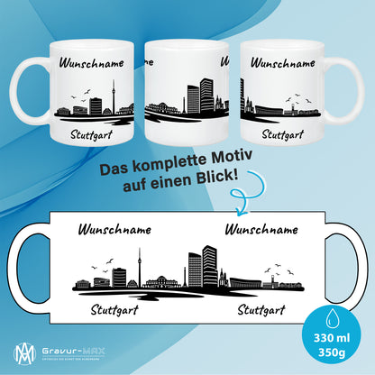Tasse in Weiß 330ml bedruckt mit der Skyline von Stuttgart personalisierbar mit Wunschname