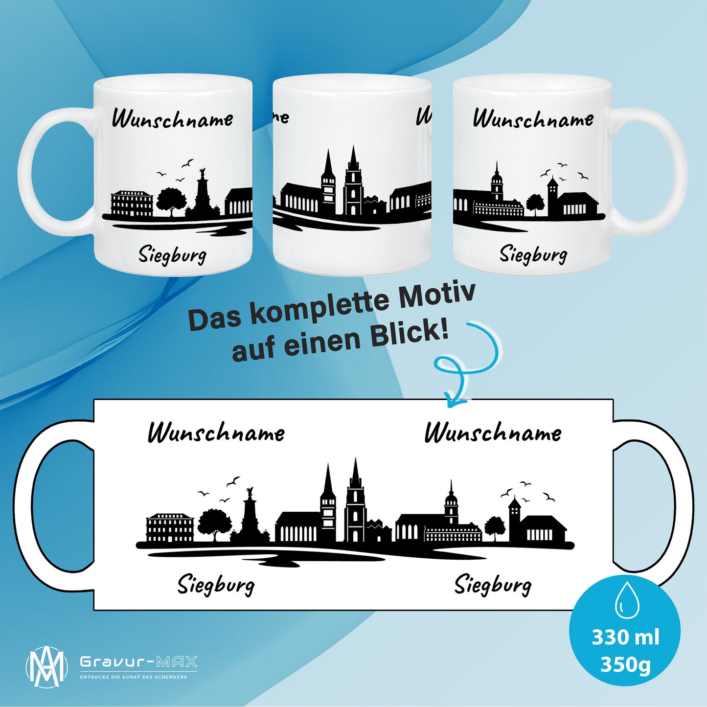 Tasse in Weiß 330ml bedruckt mit der Skyline von Siegburg personalisierbar mit Wunschname